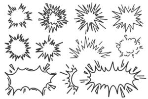 Cartoon comic burst with splashes. Bomb explosion effect frames. Pow effect with smoke and speed lines. Doodle action hand drawn bubbles and shapes vector