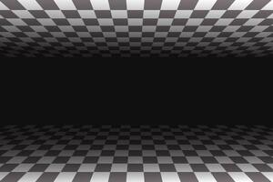 Perspective chess floor. White and black checkered pattern room. 3D tiled floor. Abstract surreal space isometric illustration. Endless tunnel, futuristic monochrome wallpaper vector