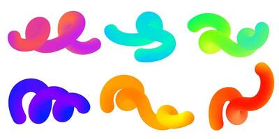 3D abstract liquid shapes with fluid gradient on white background. Colored graphic swirl elements set. Spiral curved creative bright objects for trendy poster and banner design. vector
