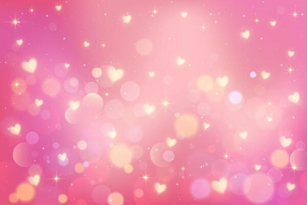 Pink background with golden hearts and bokeh. Cute pattern of lovely glitter and sparkles. Pastel color gradation backdrop for Valentine day card design. Purple magic wallpaper