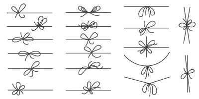 Ribbon bow with knots for present decoration and gift box package. Simple hand drawn string and outline minimal ropes. Thin cute decoration with twine tinsel and yarn with loops. Holiday design vector
