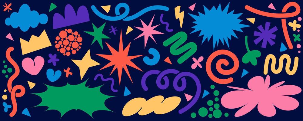 Organic doodle shapes. Abstract graphic stickers. Fun modern design elements. Cute clouds star flowers hand drawn geometric forms. Cartoon playful groovy scribbles. Trendy kids naive collage