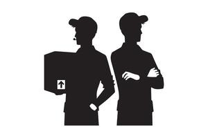 Two men in uniform holding boxes and a sign vector