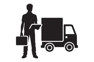 Delivery man with a briefcase and a truck icon vector