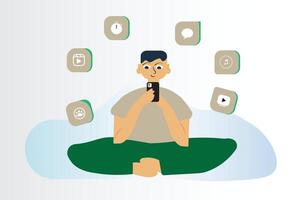a man sitting in the middle of a lotus position with his phone vector