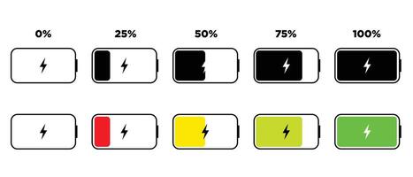 Battery charge indicator icons set. Phone charge level, flat and color collection of charge power. Discharged and fully charged battery. Battery charge from high to low. vector