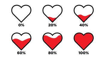 Heart with percentage heart meter level or gauge icon set in liquid filling style in red color on white background. 0 to 100 percent heart level vector