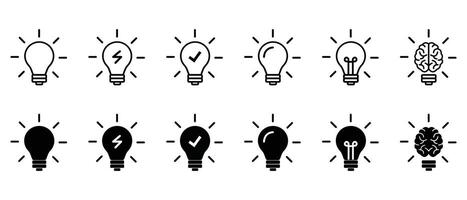 light bulb set icon on white background. Idea symbol. Electric lamp, light, innovation, solution, creative thinking, electricity. Outline and flat style. vector