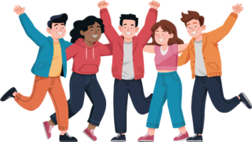Group of animated characters posed in joyful expression. png