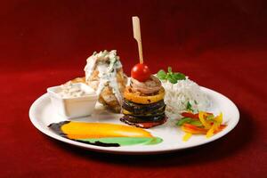 Grilled lemon chicken rice with grilled vegetables and served with a creamy sauce served in plate isolated on red background side view of arabic food photo