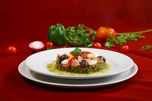 Colorful Tunisian grilled Salad with Tuna, egg and Olives served in plate isolated on red background side view of arabic food photo