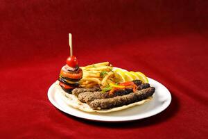 Grilled Lamb Kebab or Meat Kabab served with a side of crispy French fries, grilled vegetables, and a lemon wedge isolated on red background side view of arabic food photo