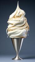 Ice cream with caramel topping in a cone on a blue background. Summer concept. photo