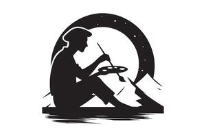 A silhouette of a man sitting on a mountain with a paintbrush vector