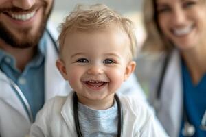 Smiling child sits in a healthcare setting with a friendly doctor photo