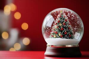 Snow globe featuring a decorated Christmas tree on a red background with glowing holiday lights photo