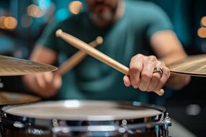 Drummers hands playing the drums with sticks photo