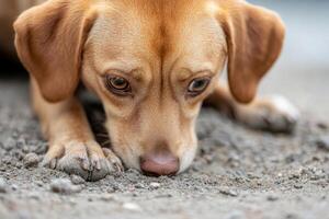 Puppy sniffing small pebbles on the ground photo