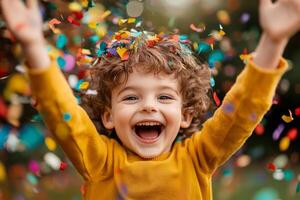 Happy boy enjoying a moment with confetti, smiling with arms raised photo
