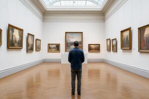 Man stands alone in an art gallery, contemplating framed paintings photo