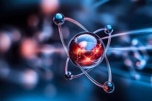 Atom with glowing electrons orbiting the nucleus. Atomic structure and scientific concepts photo