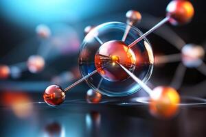 Atom with glowing electrons orbiting the nucleus. Atomic structure and scientific concepts photo