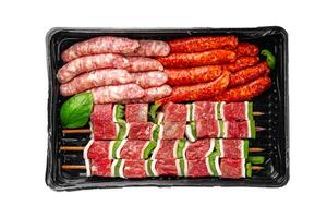 raw sausage meat assorted juicy pork, beef fresh gourmet food background on the table rustick food photo