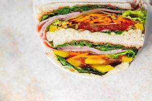 sandwich layers vegetables and ham meat spam fresh meal food snack on the table copy space food background rustic top view photo
