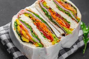 sandwich layers vegetables and ham meat spam fresh meal food snack on the table copy space food background rustic top view photo