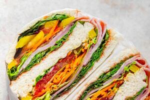 sandwich layers vegetables and ham meat spam fresh meal food snack on the table copy space food background rustic top view photo