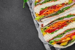 sandwich layers vegetables and ham meat spam fresh meal food snack on the table copy space food background rustic top view photo