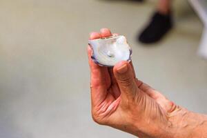 A person holds an open oyster shell displaying a small pearl in a casual setting during a marine exploration activity photo
