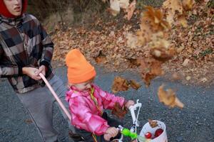 A child enjoys a fall day, riding a tricycle while a young adult pulls leaves in a park setting during autumn photo