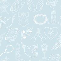 Seamless First Communion pattern with religious symbols. Perfect for backgrounds, packaging, or fabric designs related to spiritual occasions. vector