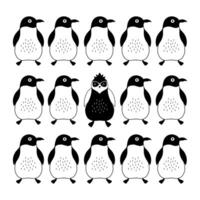 Hand-drawn doodle illustration of a group of penguins, all identical except for one with a unique silhouette. vector