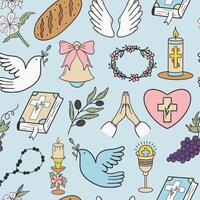 Seamless First Communion pattern with religious symbols. Perfect for backgrounds, packaging, or fabric designs related to spiritual occasions. vector