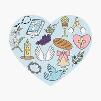 Greeting card featuring a blue heart with First Communion icons inside. The heart design includes religious symbols such as a chalice, cross, candle, and more, arranged harmoniously. vector