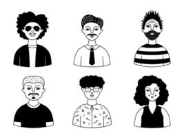 Set of 6 hand-drawn male doodle avatars on an isolated background. Perfect for use in websites, social media profiles, or creative projects. vector