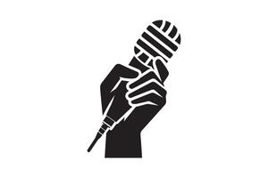 A hand holding a microphone icon on a white background vector