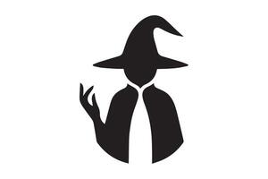 A black and white silhouette of a witch with a hat vector
