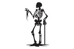 A skeleton with a cane and a knife is standing in front of a white background vector