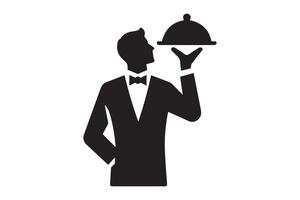 A waiter holding a tray with a dish on it vector