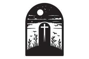 A cross in a window with a moon and stars vector