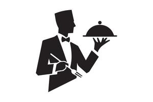 A black and white silhouette of a waiter holding a tray vector