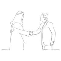 Single continuous line drawing of young muslim manager gives short job brief to a member at team meeting, One line draw design illustration. vector
