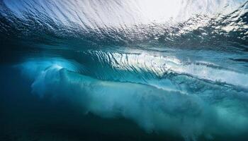 An underwater view of a wave breaking photo