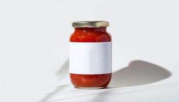 A jar of tomato sauce on a white surface photo