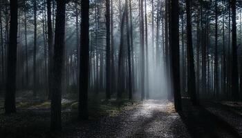 A path through a forest with sunbeams shining through the trees photo