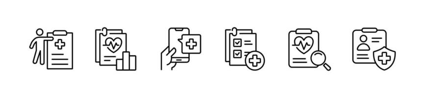 medical diagnosis report icon line set health care check-up analysis prescription clipboard document illustration for web and app vector