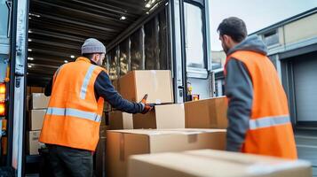 Two workers are loading cardboard boxes into a delivery truck photo